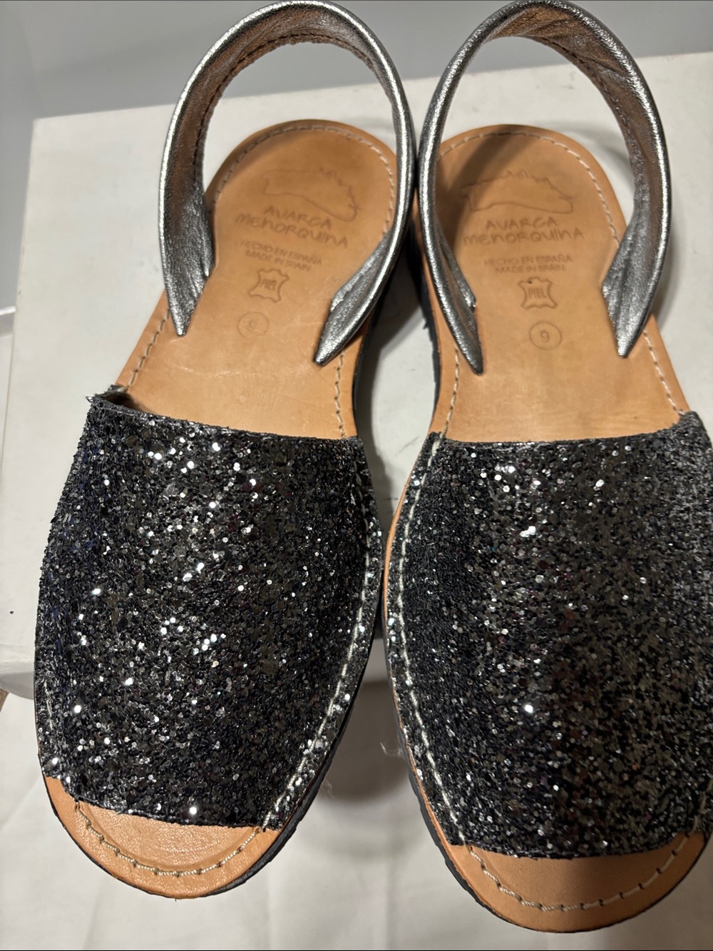 Women's Black Glitter Sandals with Silver Ankle Strap